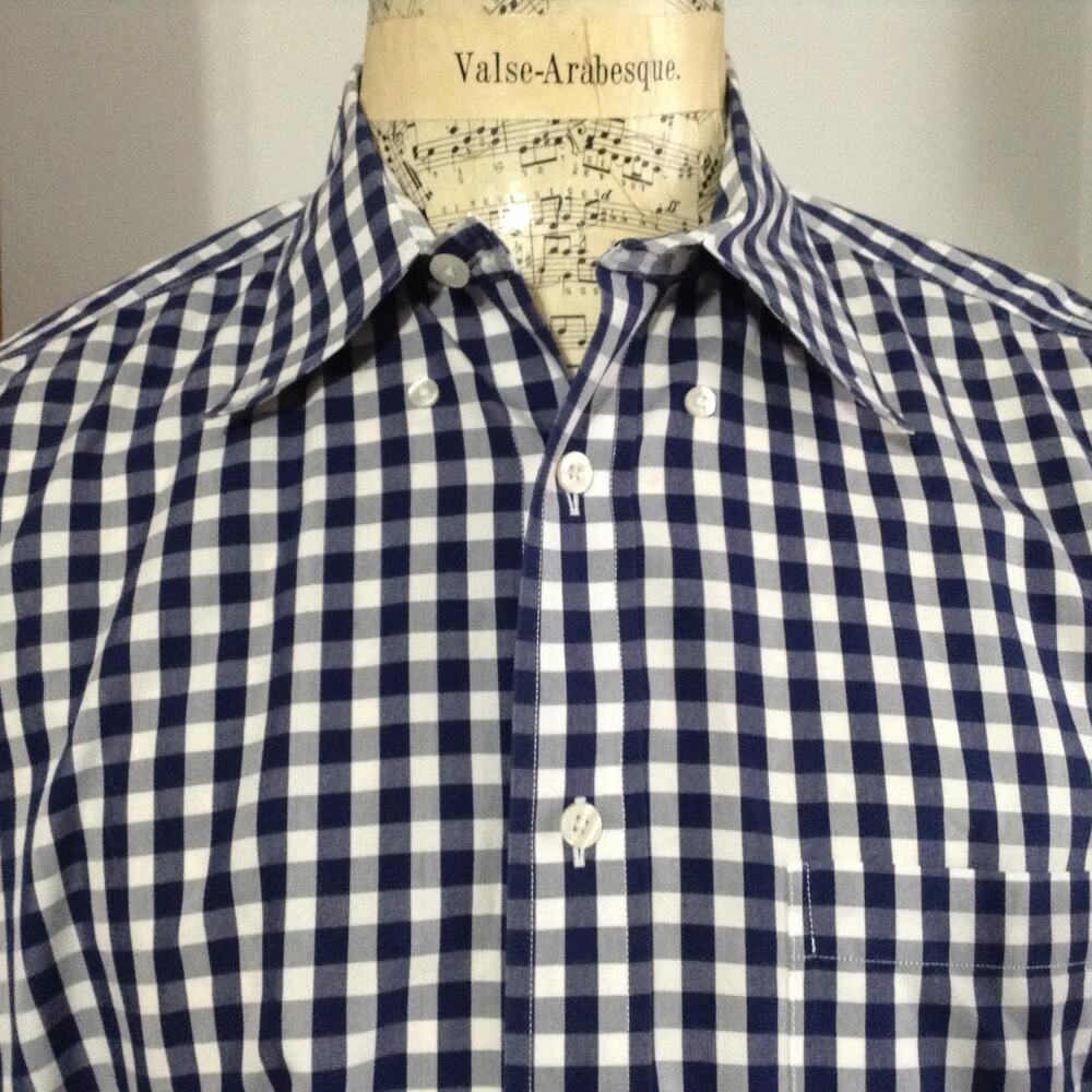 Brooks Brothers Dress Shirt Men L Madison Fit Blue Gingham No-Iron Contrast Cuff